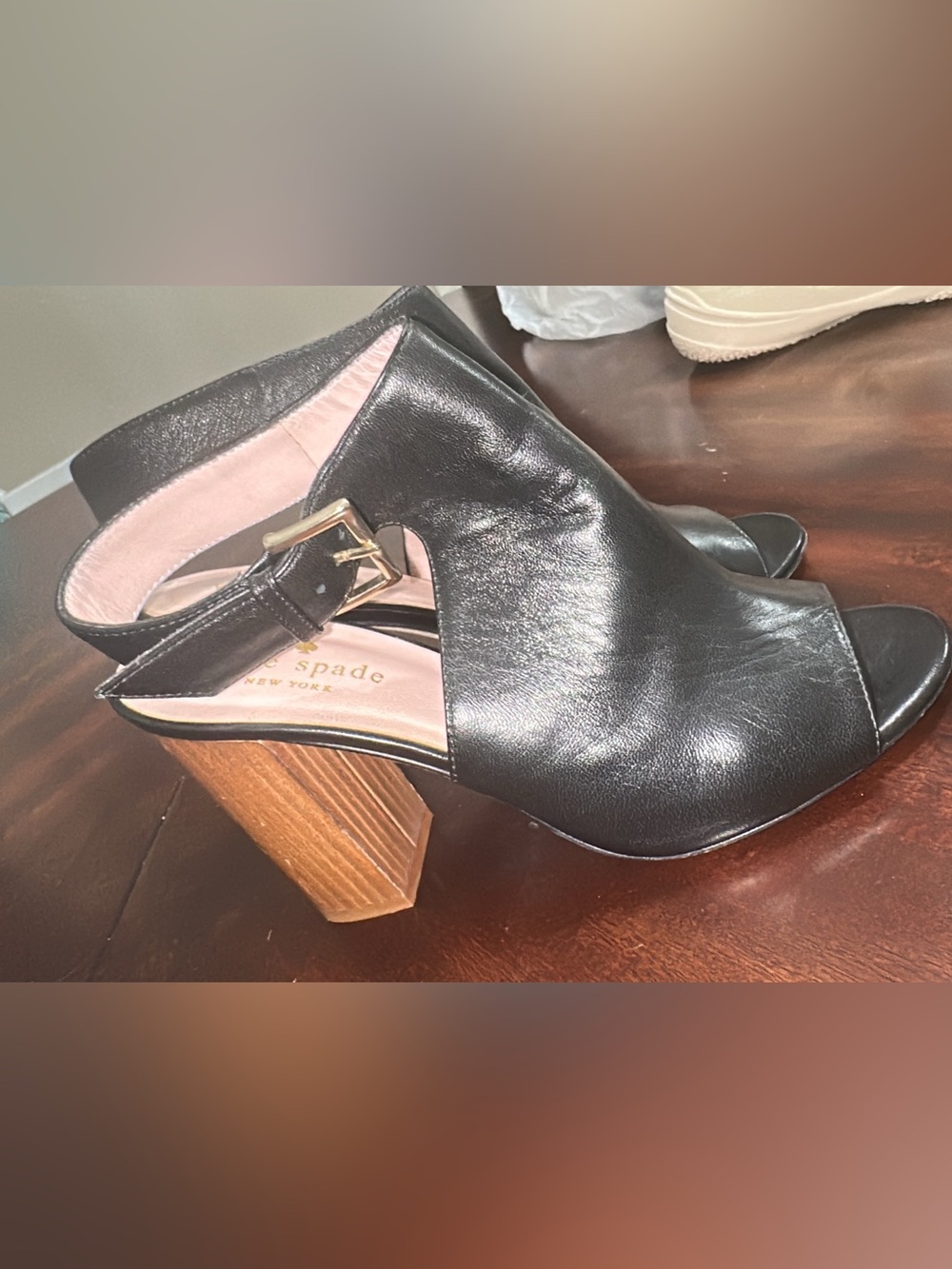 kate spade Black Leather Open-Side Block Heel Sandals (shoe22)